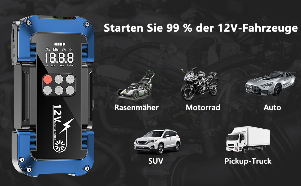 Powerbank Starthilfe 150PSI: портативний стартер для авто з компресором, 26800mAh, LED-ліхтар, LCD-дисплей