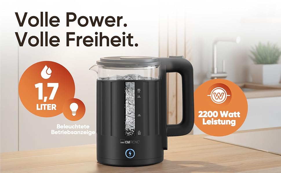 Електричний чайник Clatronic WK 3837: 1,7 л, скло, BPA Free, з підсвічуванням, для дому