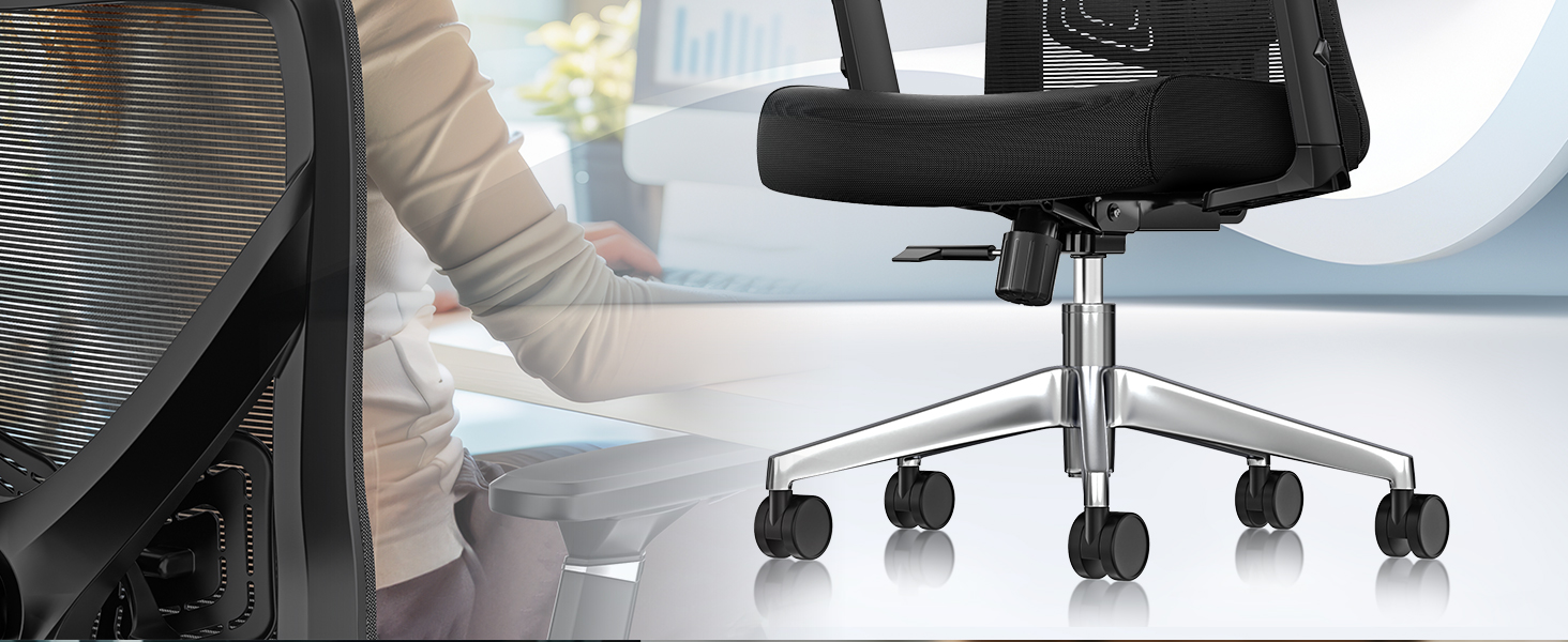 Офісне крісло KESSER® ергономічне з регульованими підлокітниками, поворотне з підтримкою попереку, з підголівником, функція гойдання до 125° з 5 колесами, чорний/срібний