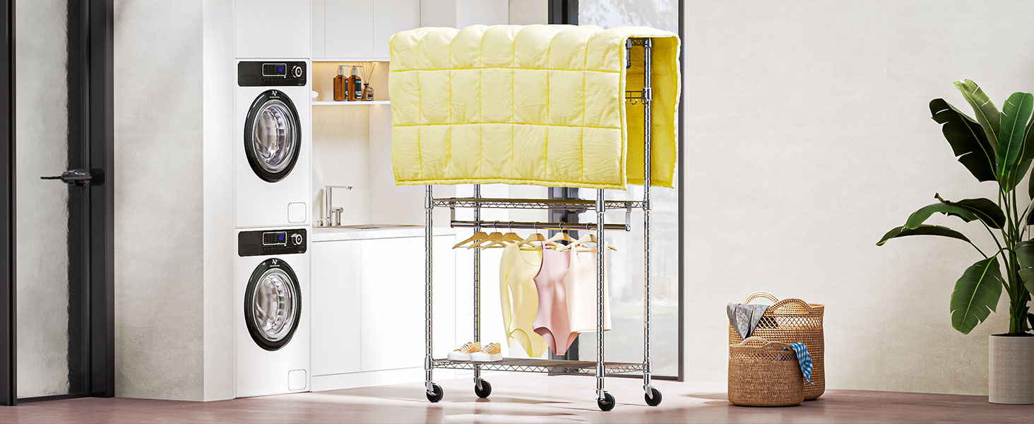 Міцний мобільний вішак для одягу з 3 рівнями, хромований. Штанга подвійна, гачки збоку, 40x75x189.3 см