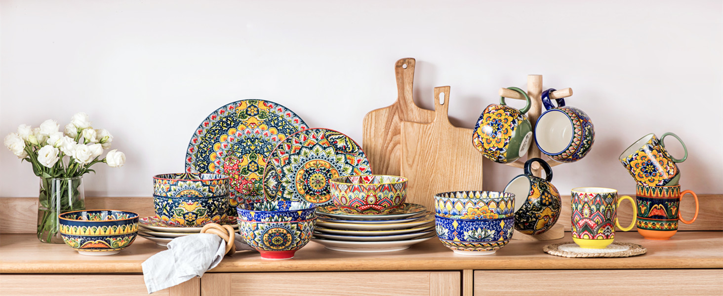 Набір супових тарілок Henten Home, 4 шт. - порцелянові десертні/сніданочні тарілки, 300 мл, для морозива/рису/десерту, кольорові сервіровочні миски, 4 шт. - Богемний стиль