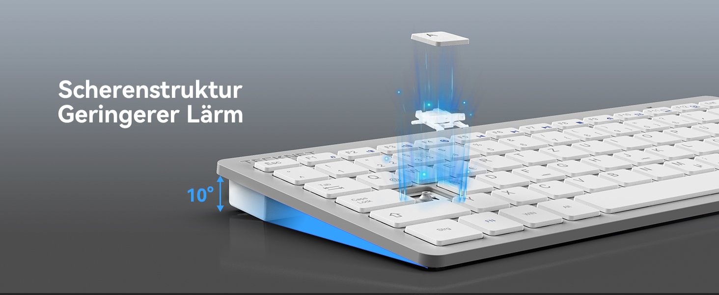 Бездротова клавіатура та миша TECKNET QWERTZ, 2.4 GHz, 15м, тиха, для ПК, ноутбука, Smart TV, білий/сріблястий