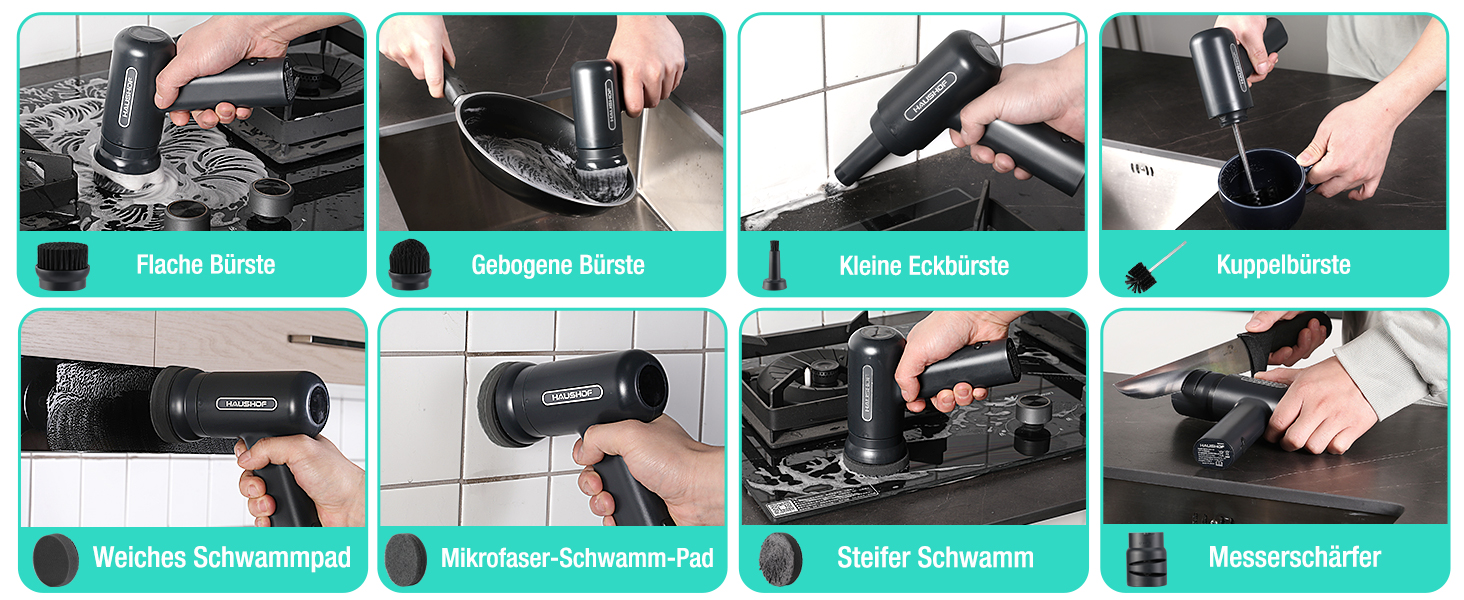 Електрична щітка для прибирання HAUSHOF з акумулятором, підставка, LCD дисплей, 3 швидкості, скрубер з 7 насадками та точилка для ножів, для ванної, кухні, плитки