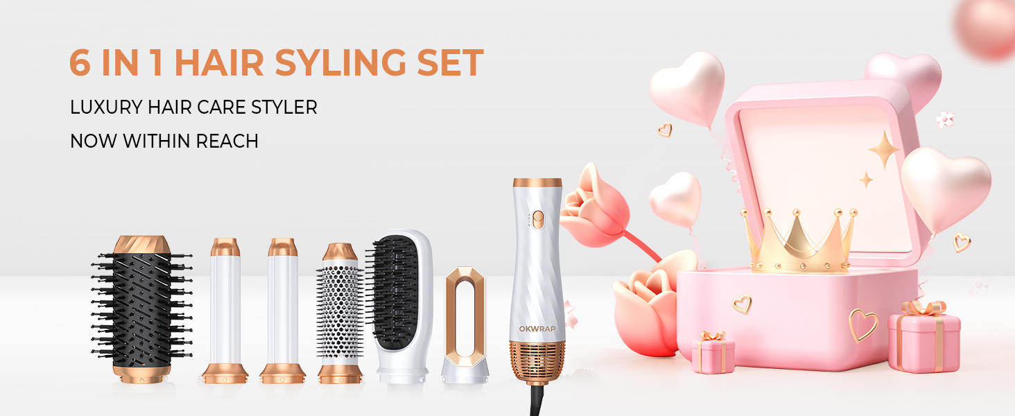 Набір для укладки волосся 5 в 1, стайлер для волосся, фен, плойка, щітка для об'єму, термощітка, для випрямлення, сушіння, створення об'єму та локонів (біло-сірий)
