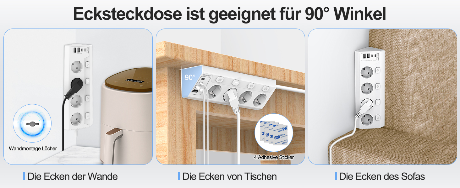 Мережева розетка з 2 USB-C (PD 20W) та 1 USB-A, трьохсекційна з вимикачем, захист від перенапруги, зручна для зберігання, розподільник для подорожей, кабель 1,5 м (кутова розетка)