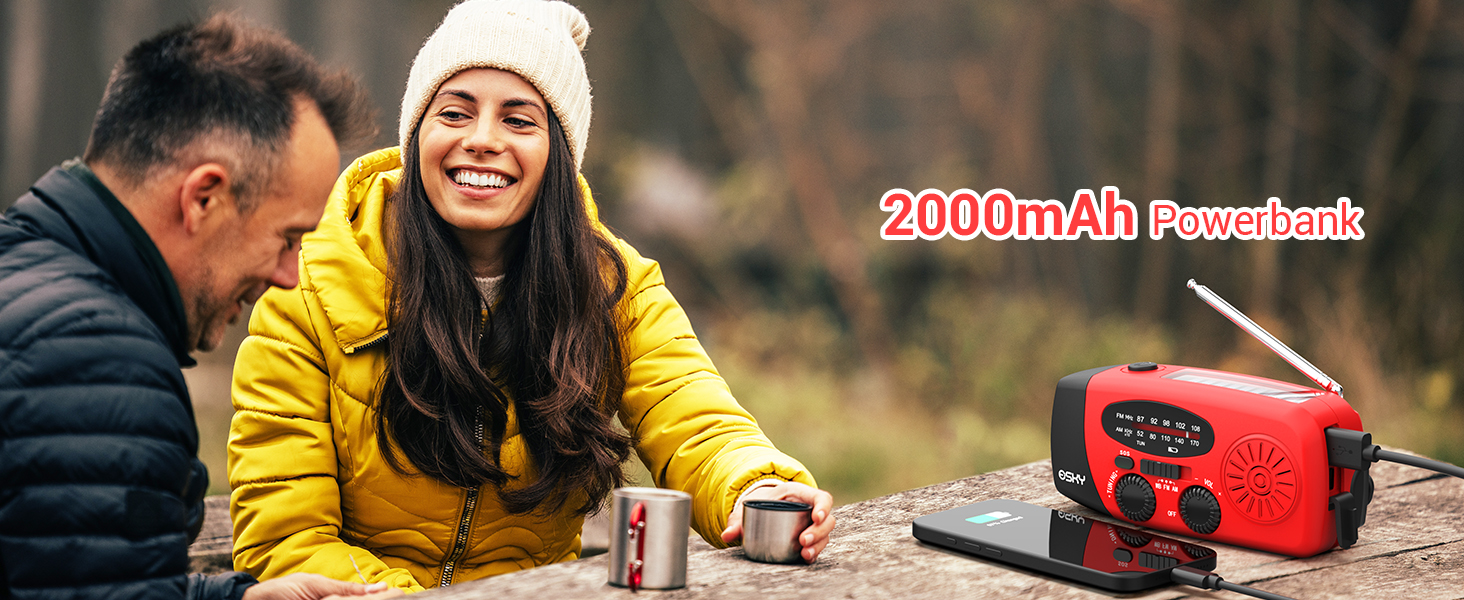 Радіо Esky Kurbelradio AM/FM водонепроникне, портативне з динамо-машиною, SOS-сигналом, Power Bank та LED-ліхтариком (червоне) - для походу, надзвичайних ситуацій