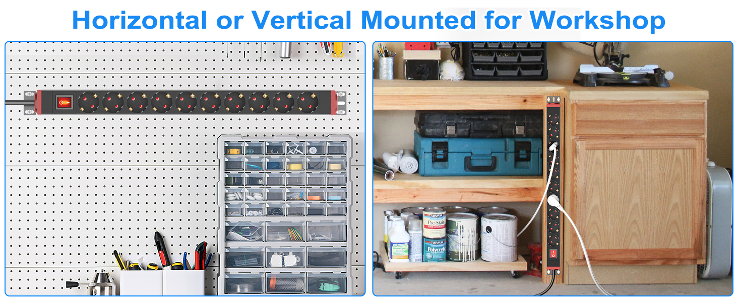 Мережевий фільтр 10 розеток з захистом від перенапруги, з вимикачем та поворотними кріпленнями, чорний, металевий корпус
