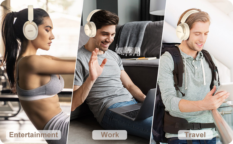 RORSOU B8 Бездротові навушники Over-Ear Bluetooth з мікрофоном, 6 режимів EQ, 50 годин роботи, глибокий бас, Hi-Fi стерео, для iPad/Tablet/PC (Бежево-Білий)