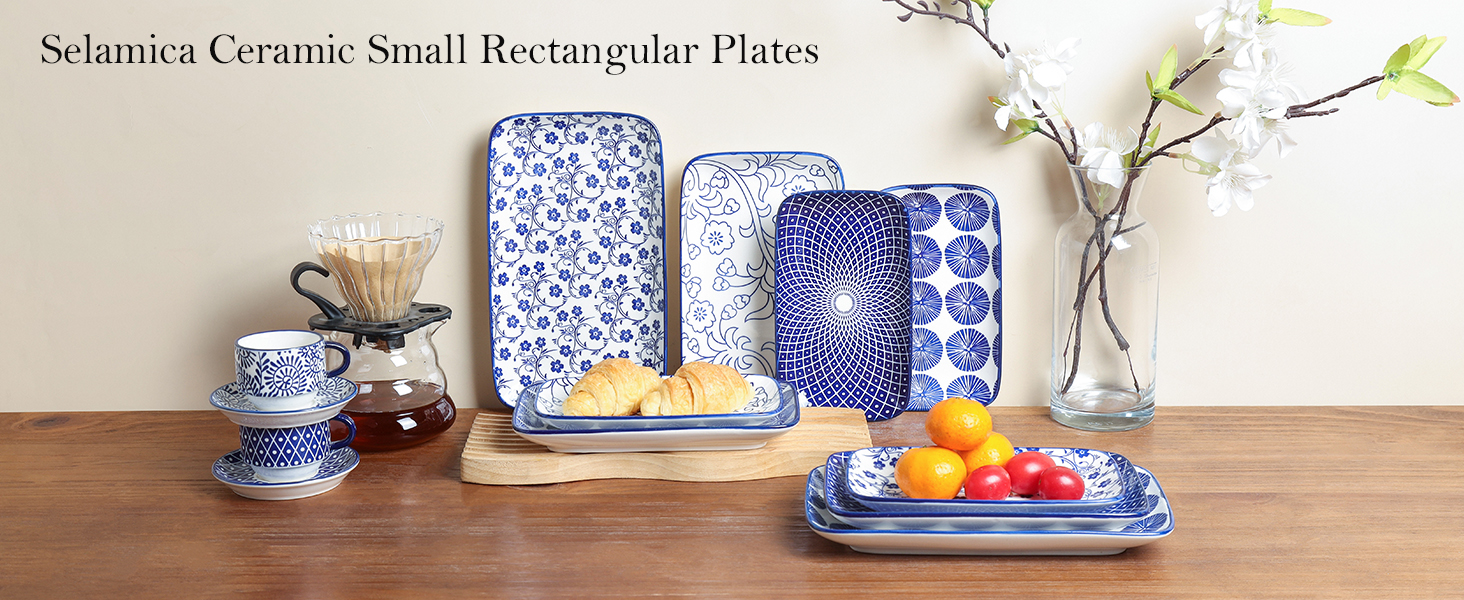 Набір тарілок Selamica, 6 шт., прямокутні, для закусок, десертів, суші, фруктів, 18 × 10.5 × 2 см (Вінтажно-блакитний)
