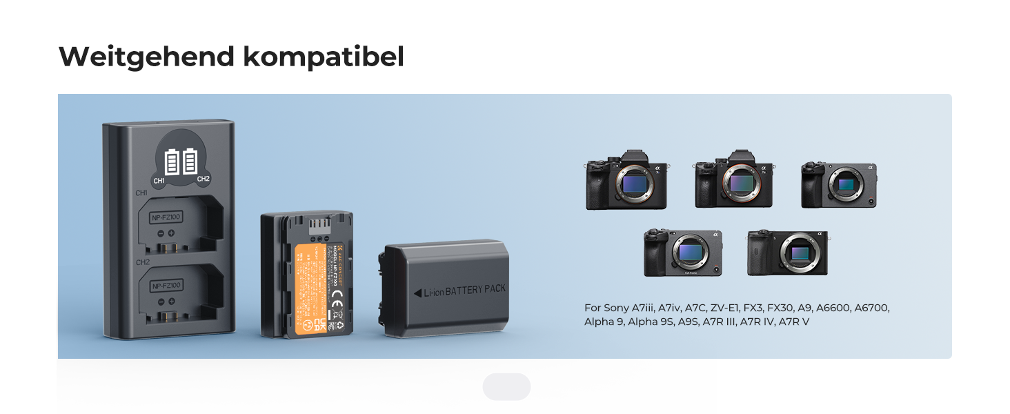 Акумулятори K&F Concept NP-FZ100 2600mAh (2 шт.) з зарядним пристроєм для Sony Alpha A7III, A7IV, A7R III, A7RIV, A7RV, A7C, A7S III, A9, A9II, A6600, A9R, FX3, FX30