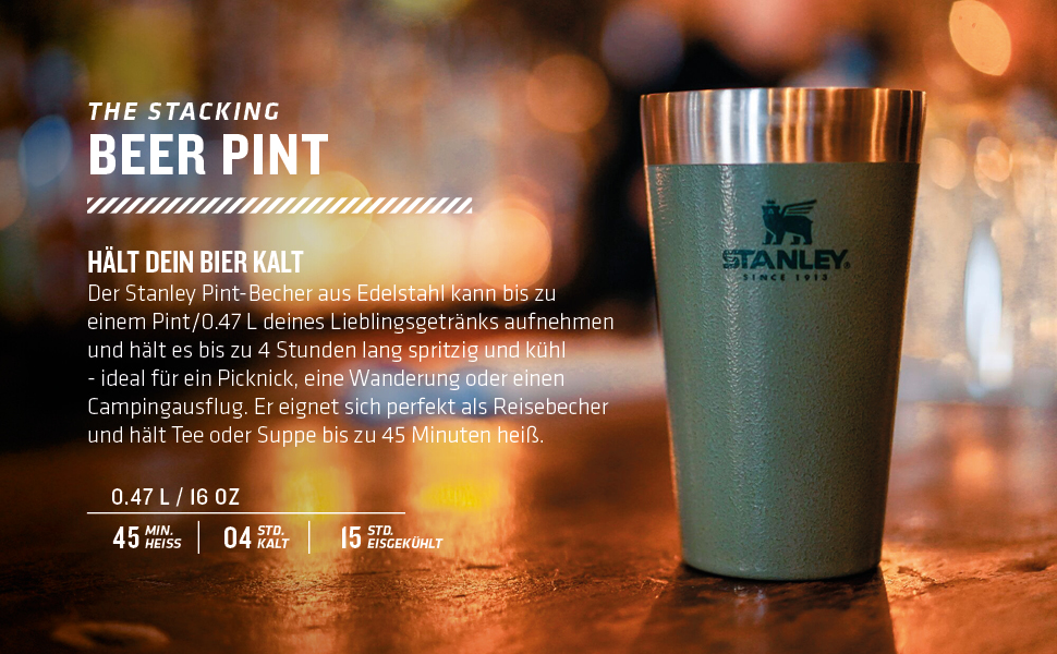 Термокружка Stanley Adventure Stacking Bierkrug 473 мл з нержавіючої сталі, зелений колір, з подвійними стінками, вакуумна ізоляція, BPA-Free, для зберігання напоїв холодними до 4 годин, можна мити в посудомийній машині