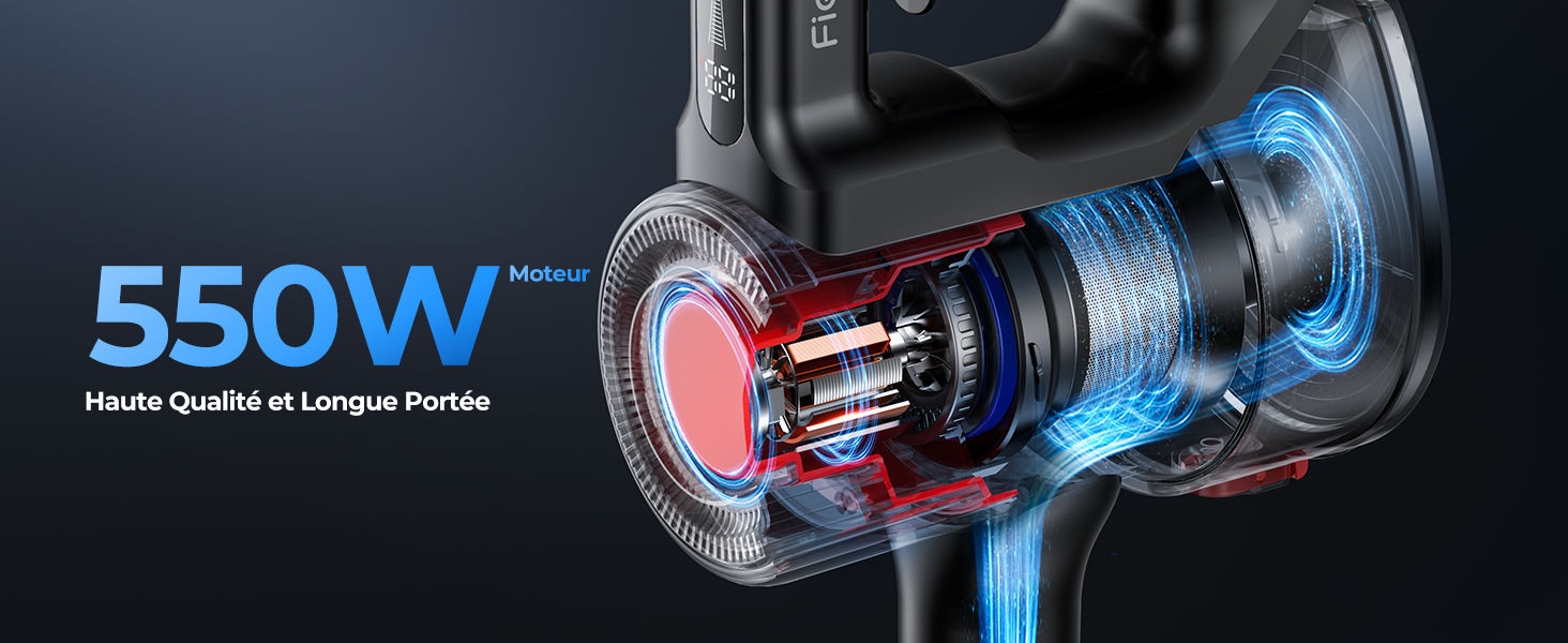 Бездротовий пилосос Fieety 550W з акумулятором, 45000Pa, 60 хвилин роботи, 6-в-1, тихий, з арома-пластиною, для твердих поверхонь, килимів та шерсті тварин