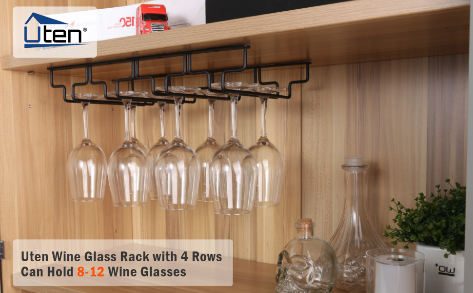 Тримач для келихів вина під шафу, металевий, 4-х рядний, на 8-12 келихів, антикорозійний, для бару, кухні, кафе (знімний), чорний