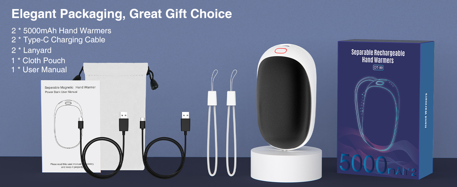 Jonwall Електричний підігрівач рук 2 шт. 5000mAh, перезаряджуваний, магнітний, USB Powerbank, подарунок для жінок та чоловіків, чорний