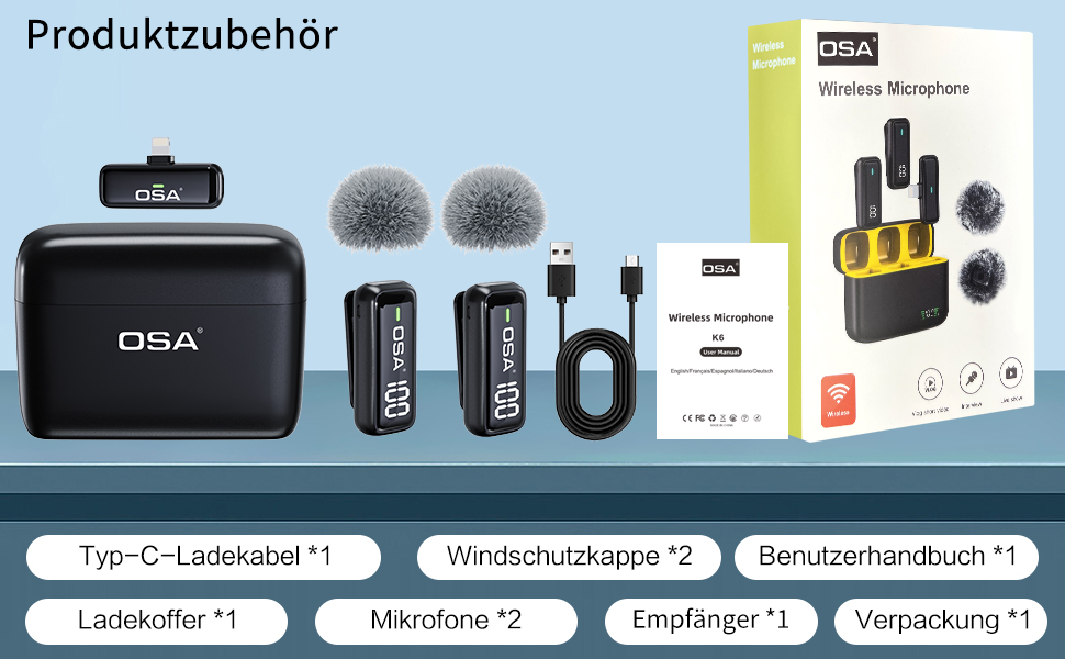 OSA Бездротовий петличний мікрофон: професійний комплект з двома мікрофонами, Plug-and-Play, для iPhone, Android, камери, ПК, з зарядним кейсом