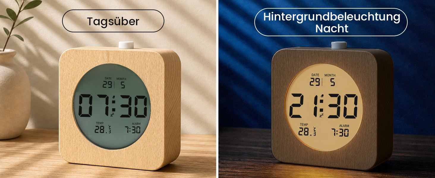 Цифровий настільний будильник aboveClock з дерев'яним корпусом, LCD-дисплей з температурою та датою, функція Snooze та підсвічуванням, квадратний