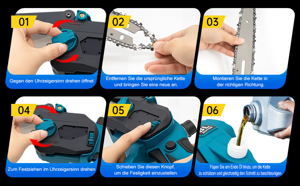 Акумуляторна міні-пила 6 дюймів (20 см) з безщітковим мотором, комплект з 2 ланцюгами 6 дюймів, 2 ланцюгами 8 дюймів, 2 направляючими плитами, 2 батареями високої ємності, для обрізки дерев та різання деревини, блакитна