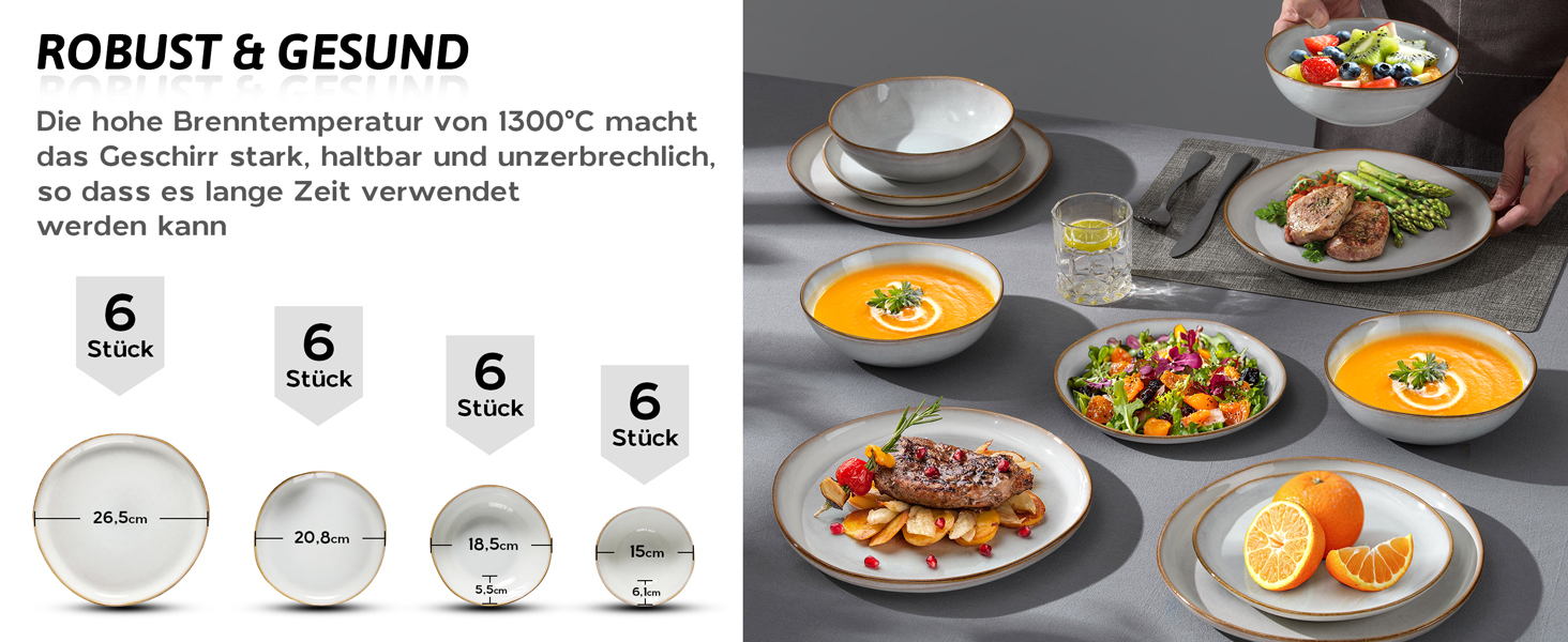 Сервіз Joyfair на 6 осіб, 24 предмети, кераміка, тарілки для їжі, десертні тарілки, миски для каші, сумісний з мікрохвильовою піччю та посудомийною машиною, колір: реактивне мушлеве біле