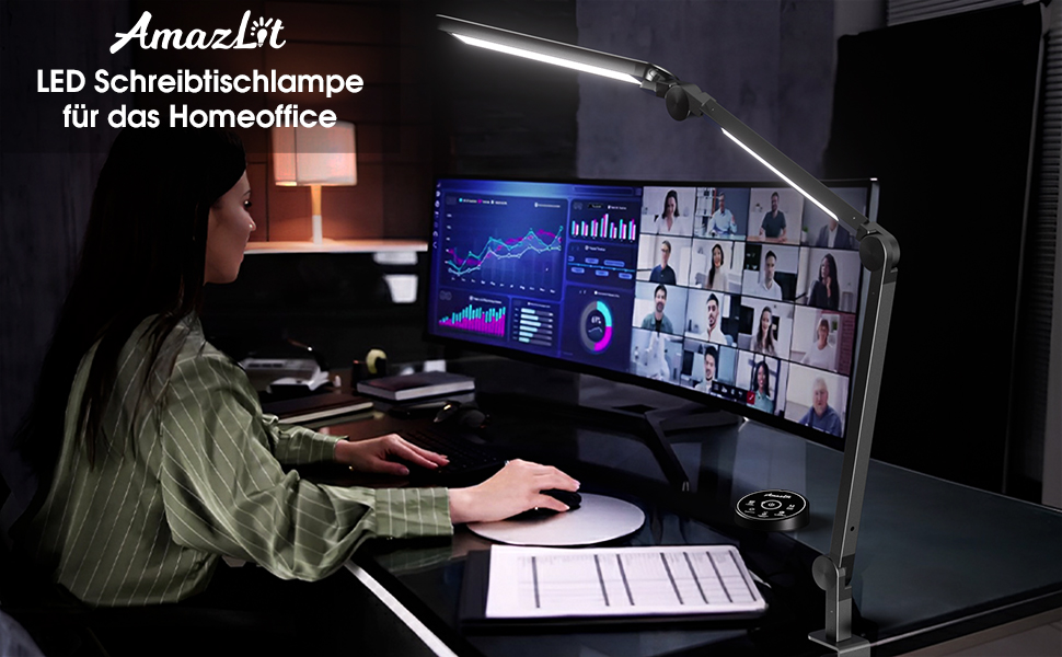 AmazLit Adjustable LED Desk Lamp with Dual Light Source - 12W/16W Dimmable Architect Lamp with Remote Control & Clamp