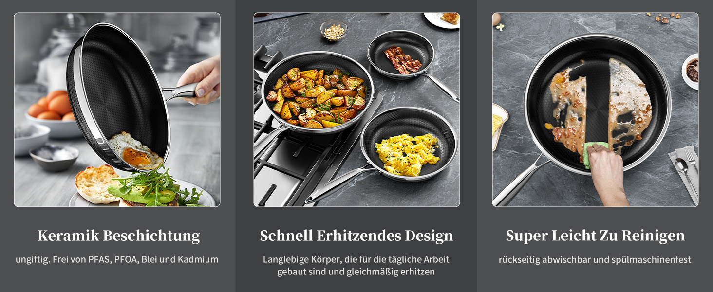 Набір сковорідок Innerwell Hybrid Edelstahl Profi 20+24+28 см - індукційні, з антипригарним покриттям Titan-Keramik, для всіх плит, PFOA-free