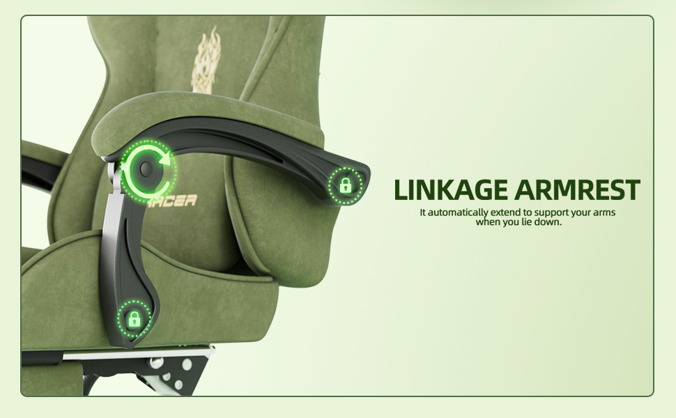 Геймерське крісло Ferghana Ergonomisch LW210: зручне крісло для комп'ютера з підголівником, подушкою для попереку, підлокітниками та підставкою для ніг (Зелений)