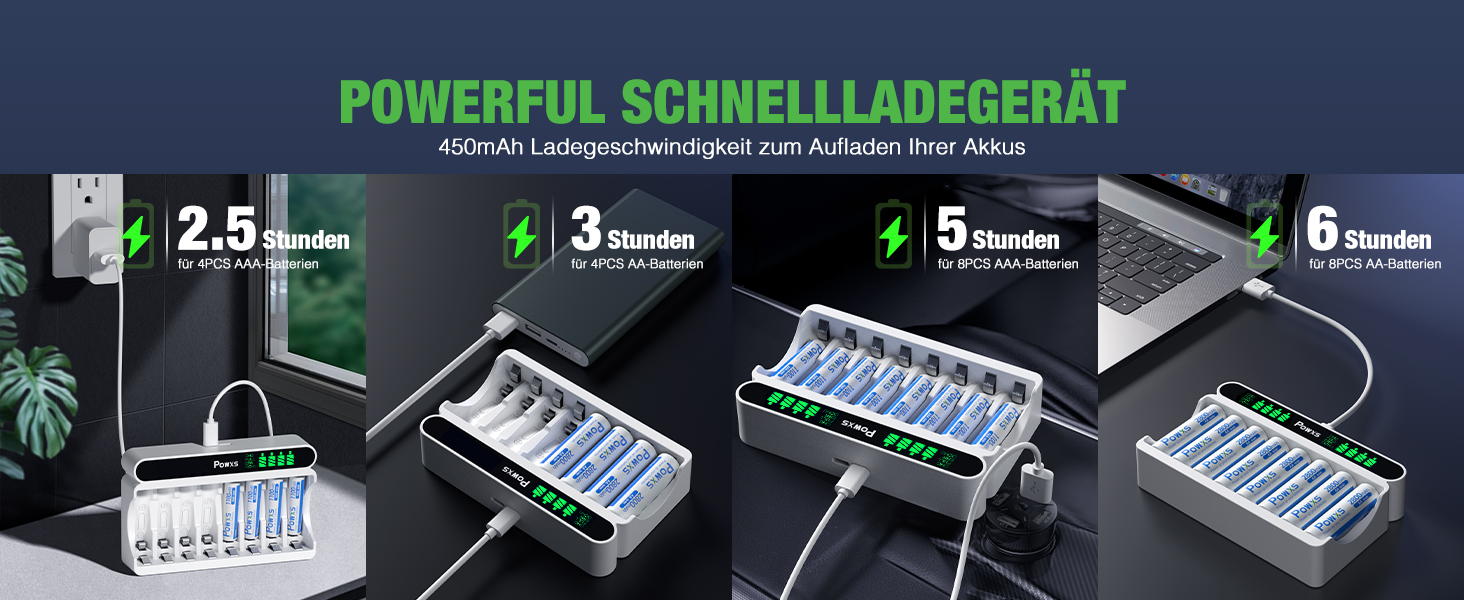 Зарядний пристрій POWXS для акумуляторів NI-MH NI-CD AA/AAA, 8 слотів, LCD дисплей, швидка зарядка Micro USB/Type-C