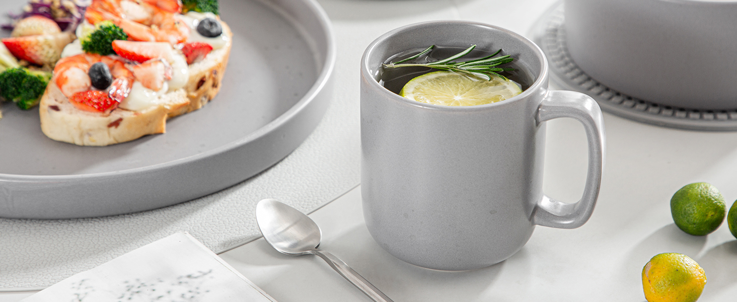 Набір посуду Vancasso SESAM Serie Steingut (16 предметів) для 4-12 осіб – тарілки, миски, чашки, скандинавський дизайн, темно-сірий, біло-сірий, блакитний, зелений