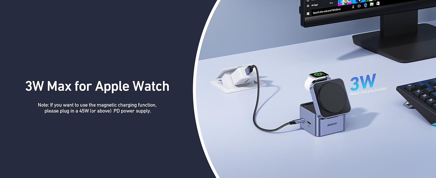 BENFEI 3-в-1 Станція зарядки MagSafe з USB-C хабом – для iPhone 16/15/14/13/12, Apple Watch та AirPods. HDMI (4K@60Hz), 100W PD, 2x USB 3.0 (5Gbps)