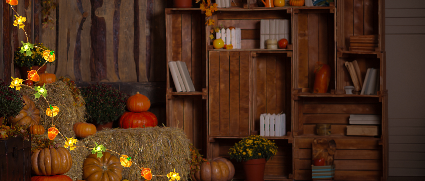 Льорочка декоративна LED, 3м, 30LED, з гарбузами, кленовим листям та жолудями для прикраси інтер'єру та екстер'єру, на батарейках. Ідеально для осіннього декору, Дня подяки, Хелловіну.