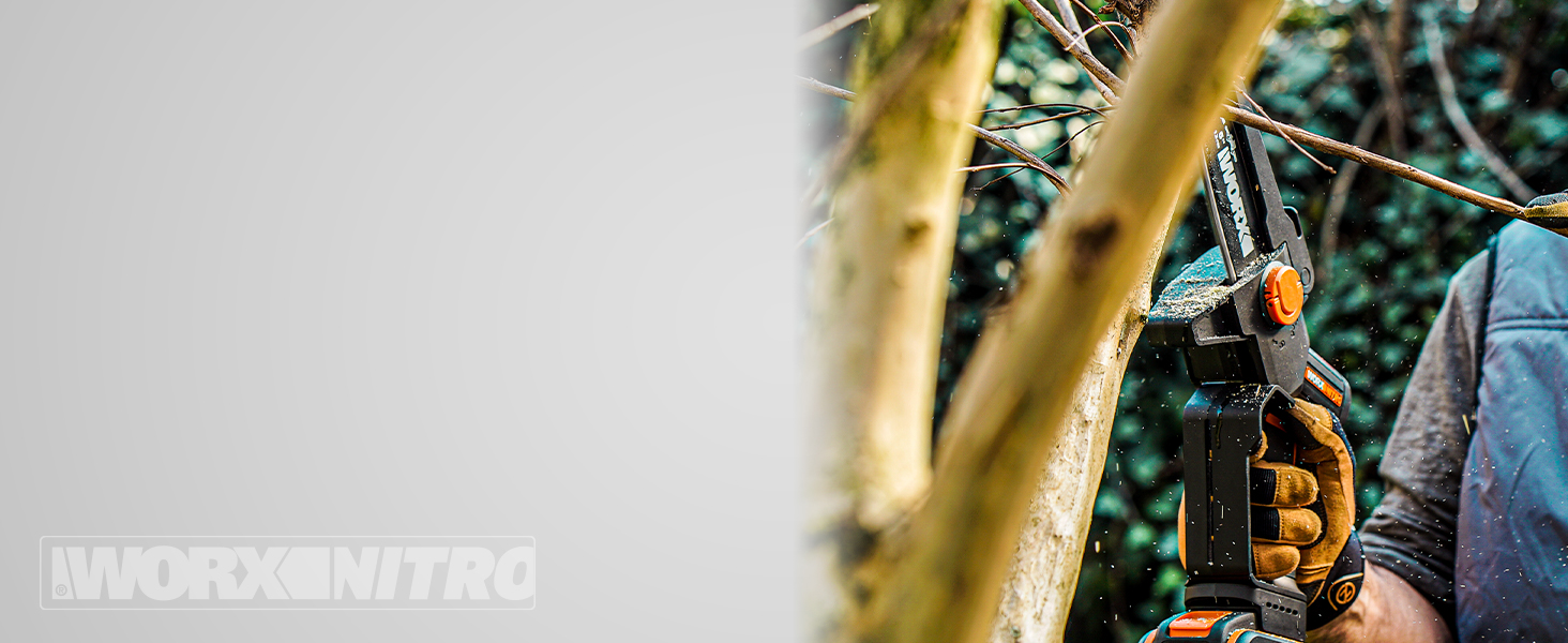 WORX WG325E Nitro Mini акумуляторна бензопила 20V, одноручна пила для гілок, Brushless двигун, 5650 об/хв, довжина різу 12 см, легка та компактна, автоматичне змащення ланцюга (з акумулятором 2Ah та зарядним пристроєм)