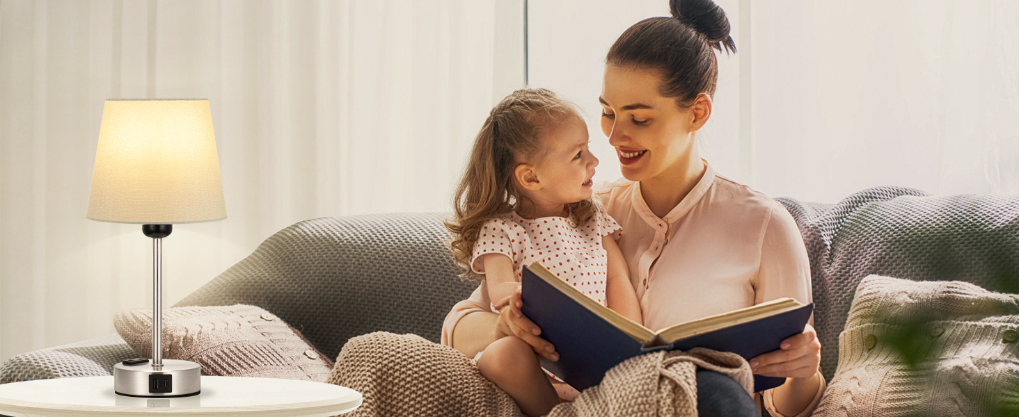 Настільна лампа Kakanuo з торшетом, 2 шт., з USB-портами та диммуванням, для спальні, вітальні, дитячої кімнати, офісу, тканинний абажур, колір: сірий-сріблястий