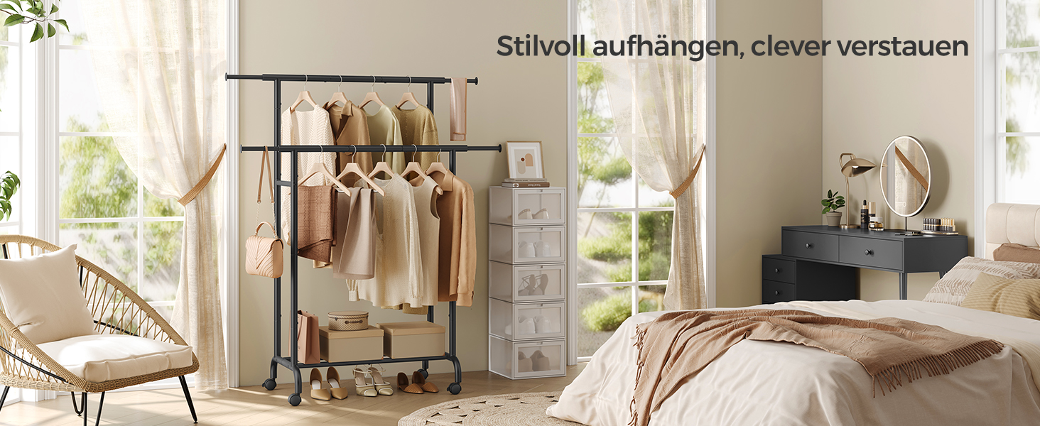 SONGMICS Clothes Rack with 2 Clothes Rods, Extendable Garment Rod, with Wheels, Coat Rack, Height Adjustable between 113 and 180 cm, Lower Rod Adjustable, LLR401R01 (Ink Black, 120D x 50W x 156H cm)
