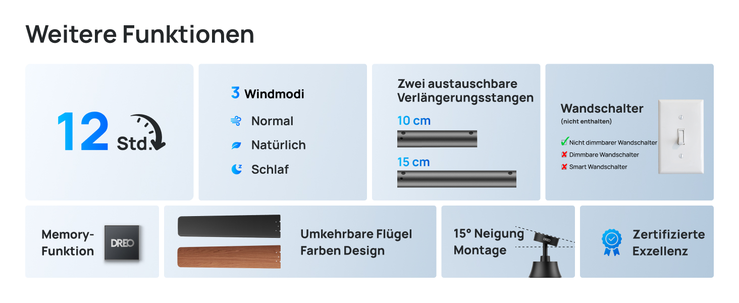Дрео Смарт стельовий вентилятор з підсвічуванням, 132 см, 12 швидкостей, 3 режими, регульоване LED-підсвічування, тихий DC-двигун, 12H таймер, керування пультом/APP/Alexa, для приміщень (Чорний)