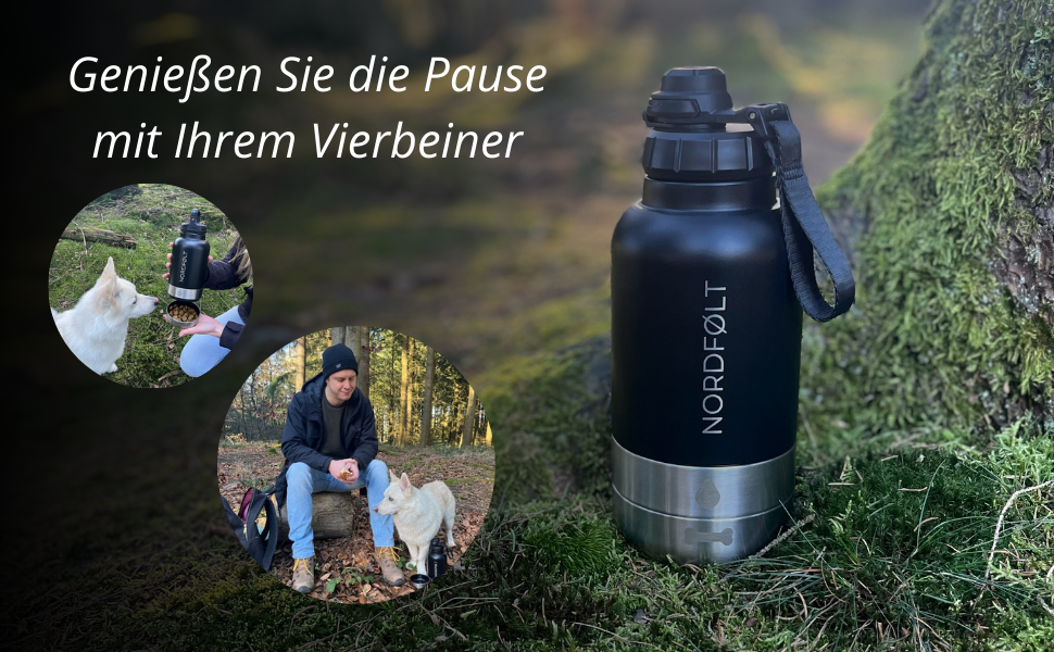Водяна пляшка для собак на прогулянці 4-в-1, 950 мл, з мисками для води та корму, з нержавіючої сталі, BPA-Free