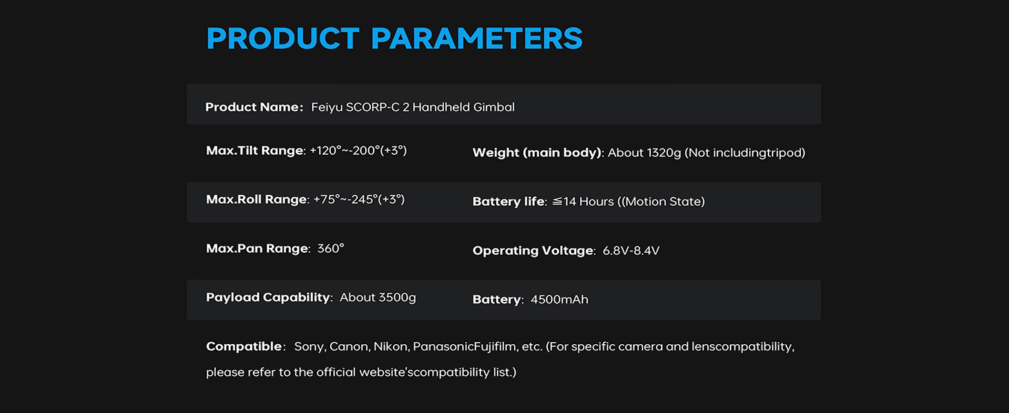 FeiyuTech SCORP-C2 Стабілізатор Gimbal для DSLR та бездзеркальних камер з AI-трекінгом, вертикальною зйомкою та вагою до 3.5 кг, сумісний з Canon, Sony, Panasonic, Nikon, Fujifilm