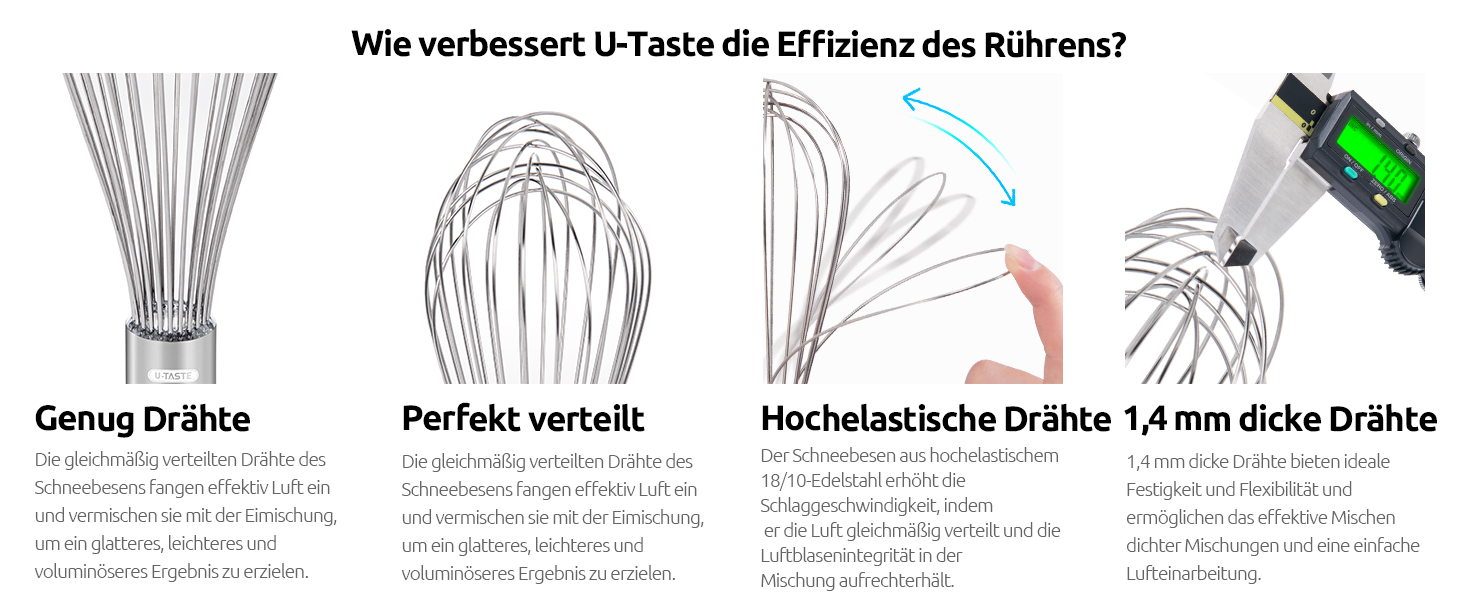 Міксер кухонний U-Taste, 30 см, з нержавіючої сталі 18/10, 12 гнучких дротів, силіконовий ручка, для тіста та соусів (Чорний)