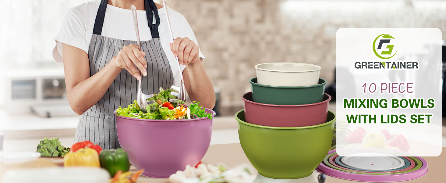 Набір салатниць з кришкою, міски для перемішування з пластику, набір вкладишів для кухні, великі салатниці, сервіровочні миски для змішування та подачі, BPA-free, фіолетовий