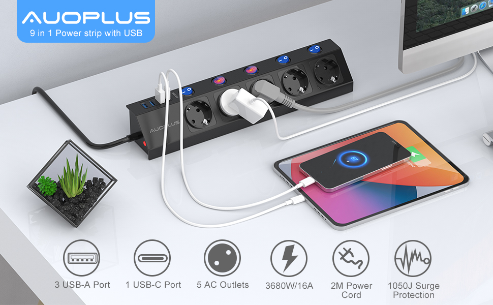 Многофункціональна мережева планка з USB-C (PD 20W) та USB, 5 розеток, захист від перенапруги, 2м кабель, чорний