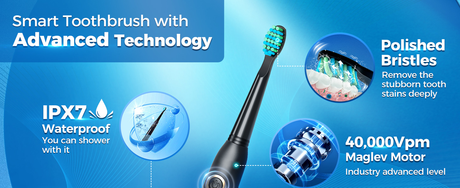 Звукова зубна щітка Schallzahnbürste для дорослих, 8 насадок, 40000 об/хв, 5 режимів, до 30 днів роботи, швидка зарядка, IPX7 водонепроникна, чорна