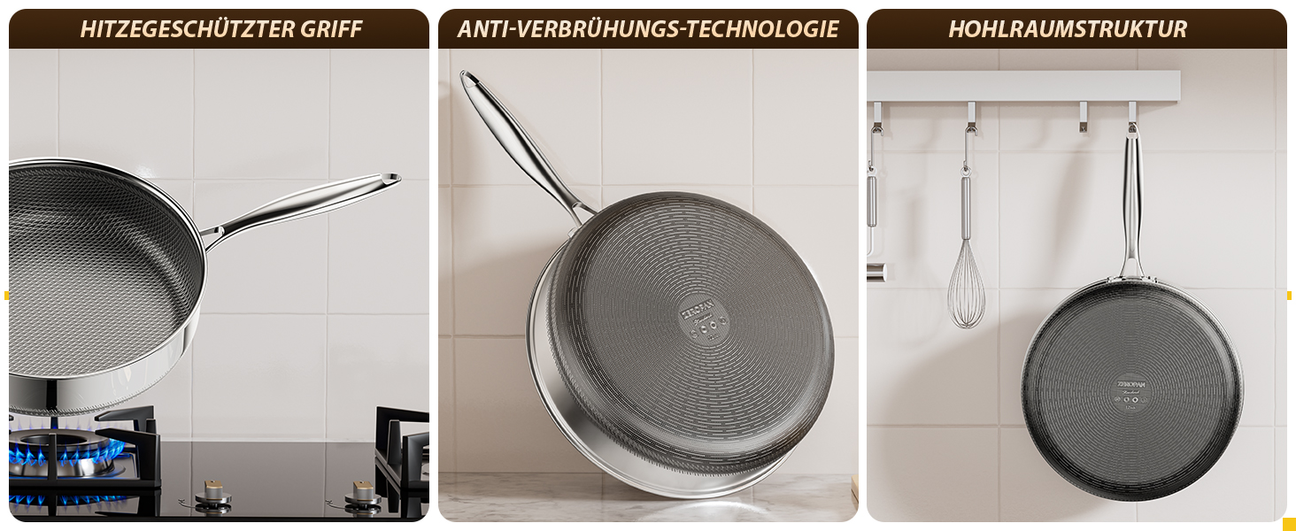 Сковорода глибока з кришкою 30 см FD-D з нержавіючої сталі гібридна, з холодною ручкою, для всіх плит (індукція), посудомийна машина, без PFAS/PFOA/PTFE, жаростійка до 260°C