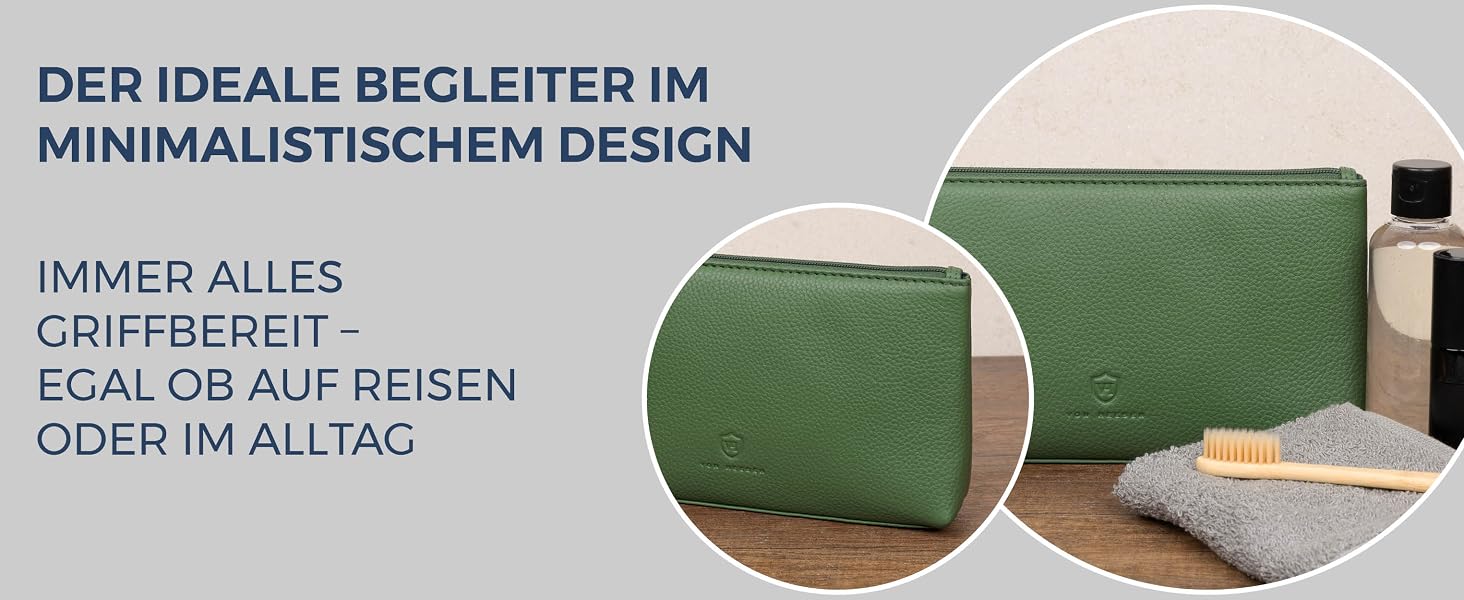 Шкіряна косметичка VON HEESEN для жінок та чоловіків — Елегантна дорожня сумка для аксесуарів та гігієни з натуральної шкіри, Зелена