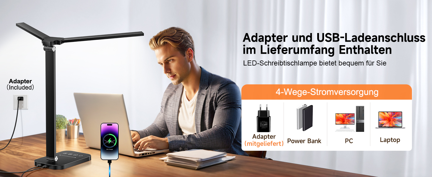 Настільна лампа One Fire з адаптером, 1000 люмен, 96 LED, диммування, для навчання дітей, з таймером та функцією пам'яті, денне світло, білий/чорний колір