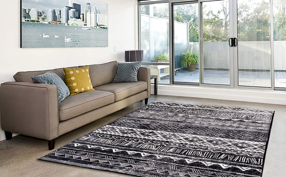 Килим для вітальні сучасний, короткий ворс, нековзний, миючий, м'який, для вітальні, спальні та їдальні, сірий та білий, 120 x 160 см сіро-білий (чорно-білий, 80 x 120 см (прямокутний))