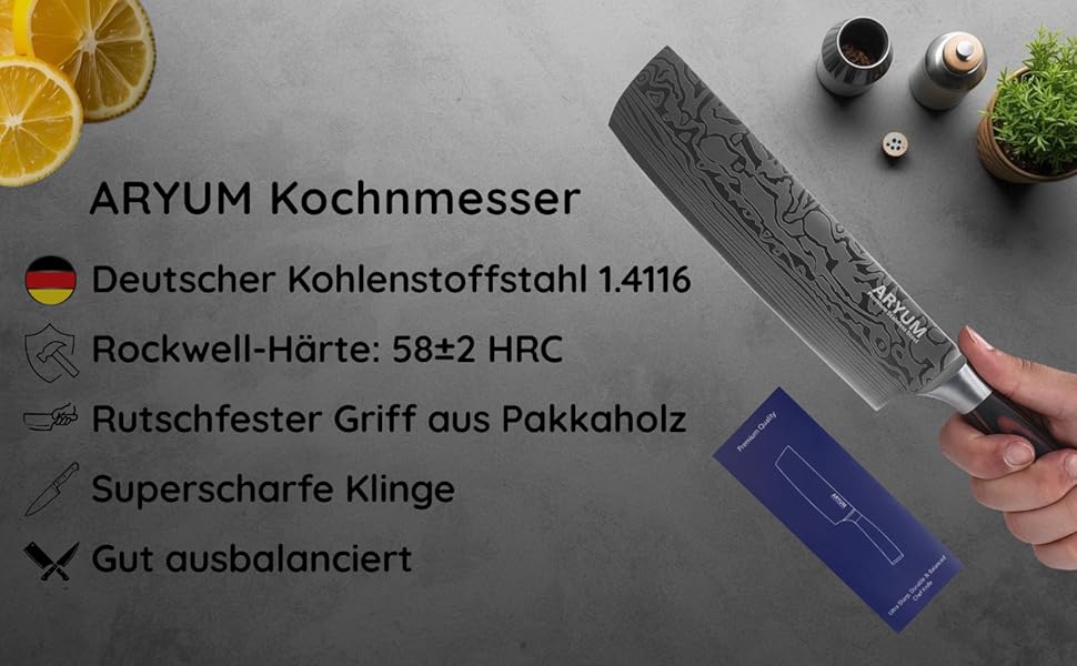 Nakiri Messer Aryum Premium 17 см - Японський ніж для овочів з нержавіючої сталі, ергономічний, гострий та довговічний