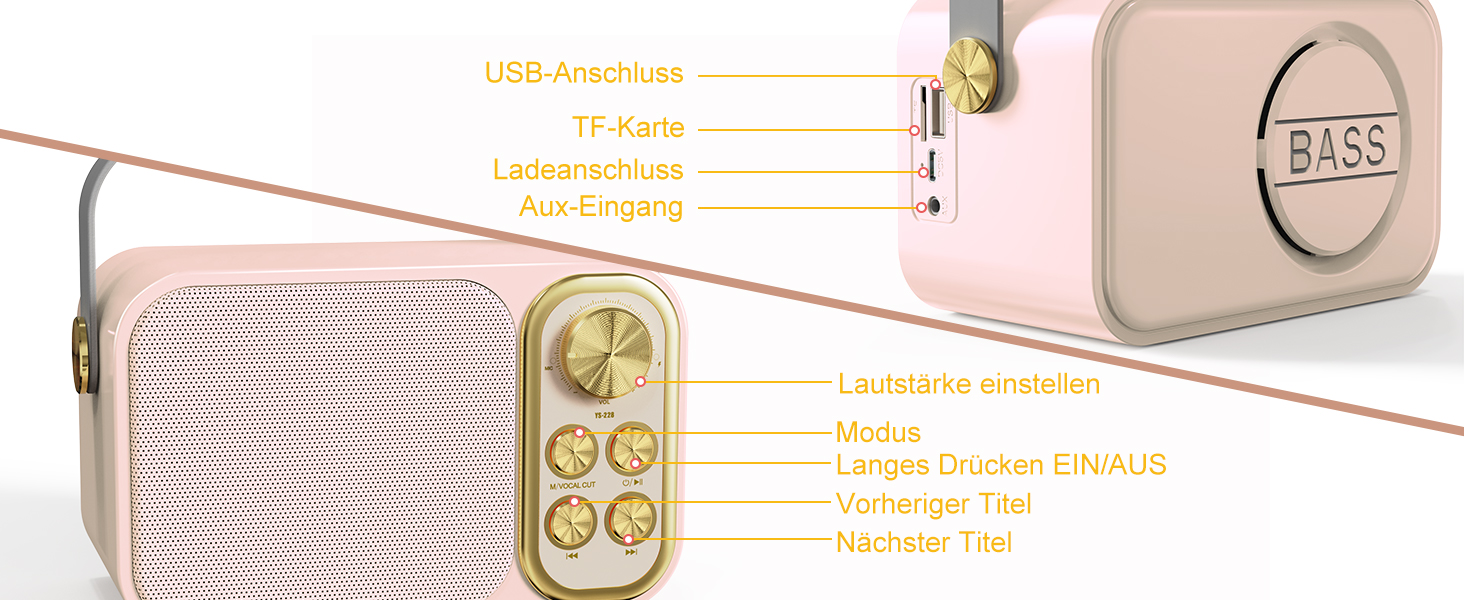 Караоке машина з 2 мікрофонами, портативна Bluetooth колонка для дітей та дорослих, 7 голосових ефектів, ідеально для вечірок та днів народження, рожева