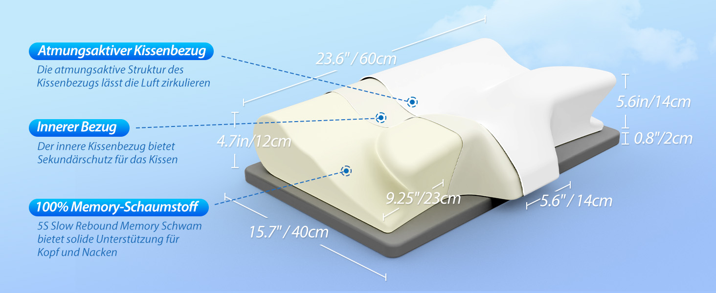 Ортопедична подушка HOMCA 2 в 1 з Memory Foam для сну на спині, боці та животі, 60x40x12/14 см, сіра