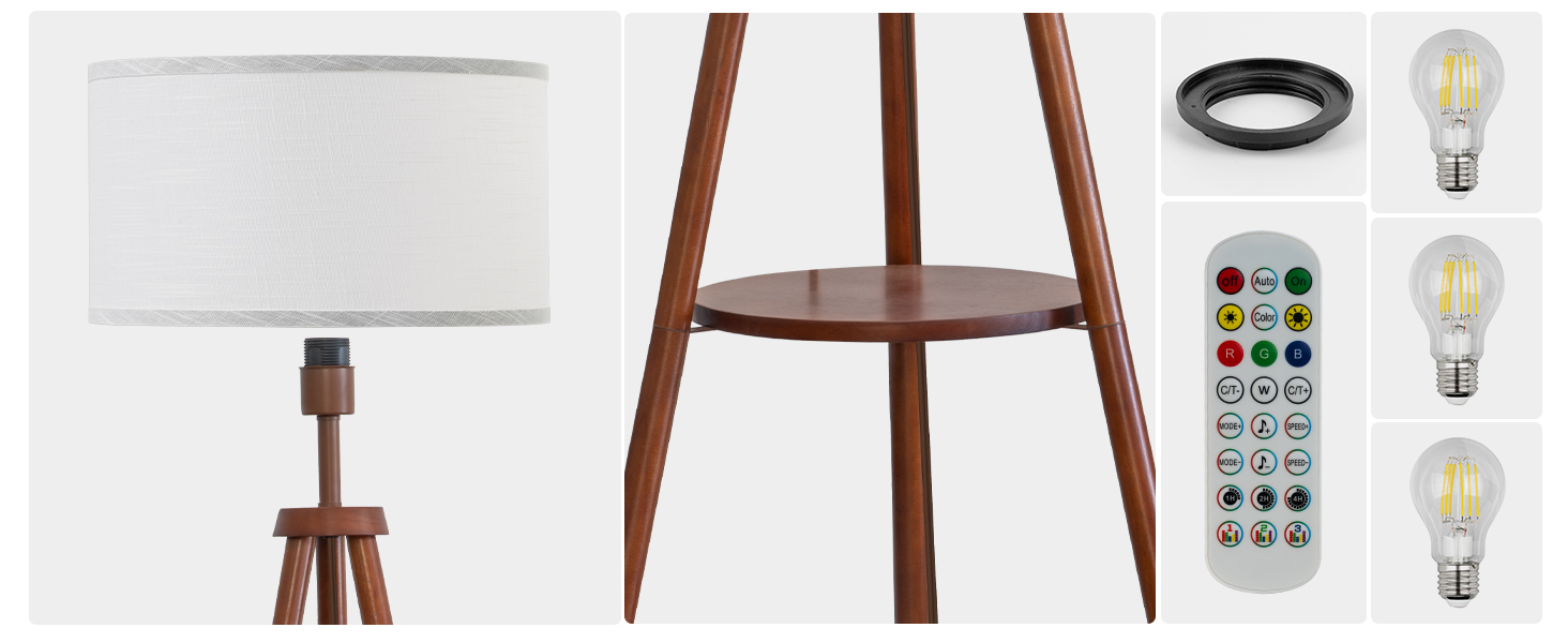 Стельова лампа з полицею, пульт дистанційного керування, 3 колірні температури, тринога, для вітальні, спальні, офісу (горіх), бежевий абажур