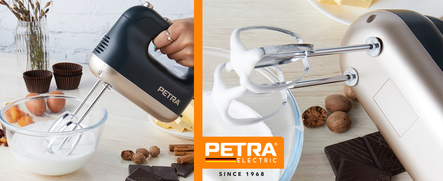 Ручний міксер Petra 300W з 5 швидкостями, турбо-функцією, гачками для тіста та вінчиками, сріблястого кольору