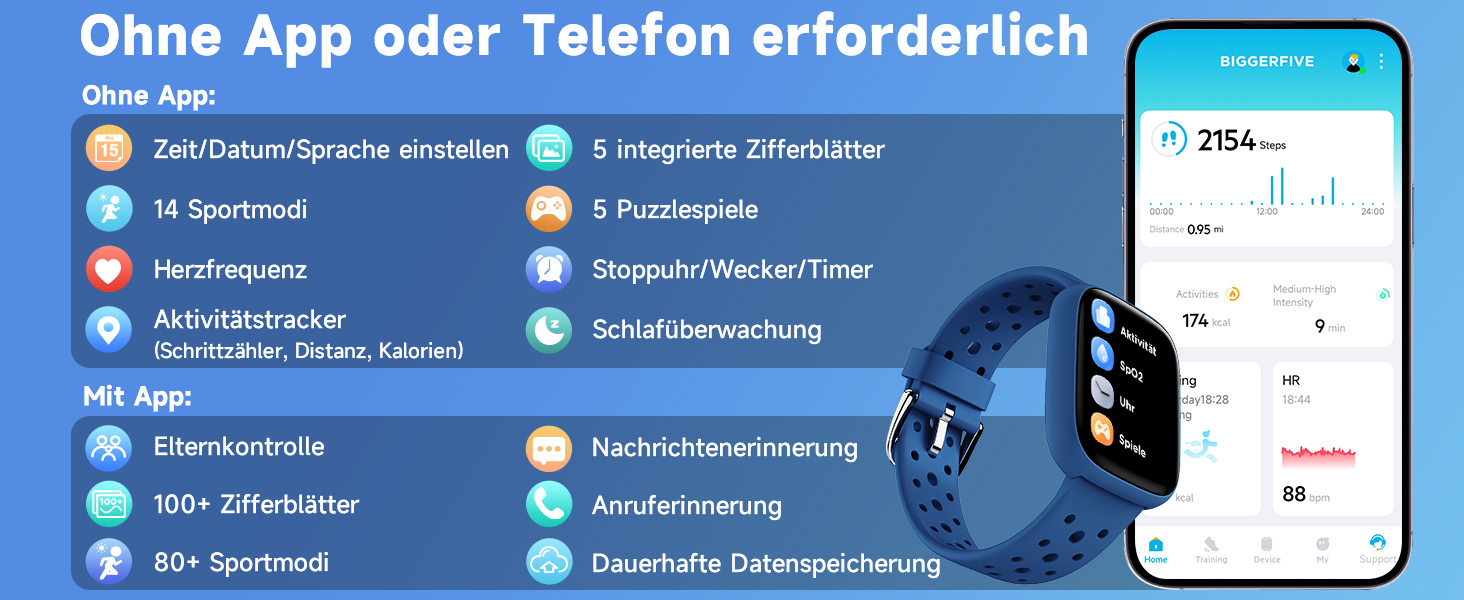 Смарт-годинник BIGGERFIVE для дітей, 1.8' - фітнес-трекер, пульсометр, монітор сну, водонепроникний (IP68), ігри, для дівчаток та хлопчиків 5-16 років, блакитний