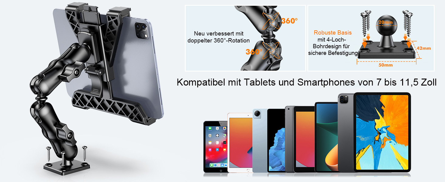 Кріплення для планшету OHLPRO для вантажівки: міцний тримач для iPad, 360° регулювання, 2-раменний, сумісний з iPad Pro, Mini, Samsung Tab, Nexus (17-29 см)